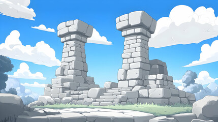 White Stone Ruins Under Blue Sky Surrounded by Green Trees Pixel Art Illustration of an Ancient Outdoor Landmark With Tower on a Bright Sunny Day