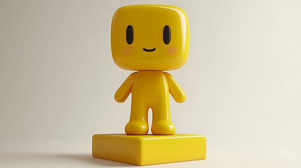 Yellow Cubic Character Toy on Stand with Simple Facial Expression Sweet Geometric Design Cute and Shiny in Isolated Studio Setting Minimalist Modern Style