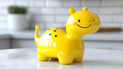 Yellow Ceramic Dinosaur Toy on a Marble Table with a White Tiled Background and a Potted Plant Enhancing a Cute and Playful Indoor Atmosphere