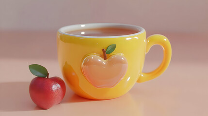 Yellow Cup with Heart Design and Red Apple on Peach Surface in Soft Lighting Still Life Indoor