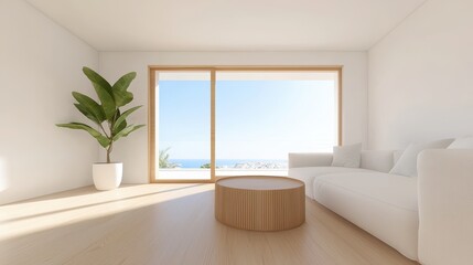 Fototapeta premium Simplicity Open concept modern interior with minimal furniture and natural wood textures.