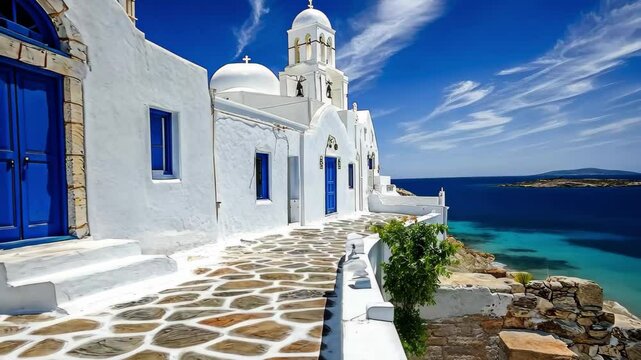 Charming Greek houses and church along the coast of Paros island in the Cyclades under a clear blue sky, Greek houses and church of Paros island in Cyclades of Mediterranean sea Greece