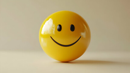 Yellow Smiley Face with Glossy Surface Showing Happiness and Positive Emotions on Light Beige Background