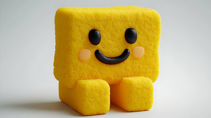 Yellow Smiling Cube Dessert Featuring Cheerful Character on a White Background in a Studio Lighting