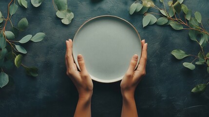Empty plate held by hands on dark green background with eucalyptus leaves