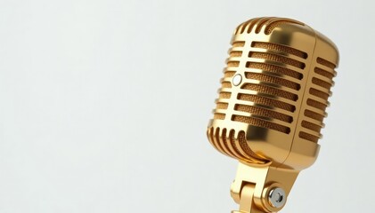 Fototapeta premium Close-up of a gold microphone on white background, hip hop, beat, audio