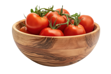 Fresh red tomatoes in wooden bowl isolated on white background, cut out