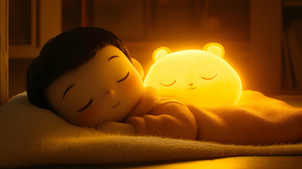 Young Boy Sleeping Soundly with a Luminous Teddy Bear Night Light in a Cozy Bedroom with Warm Gentle Glow and a Soft Pillow