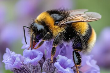 A bee is busily collecting nectar from a colorful flower, showcasing the intricate details of its body against the backdrop of a blooming garden Generative AI