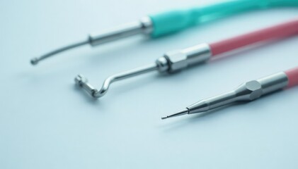 Close-up sterile veterinary instruments on white, clean, science