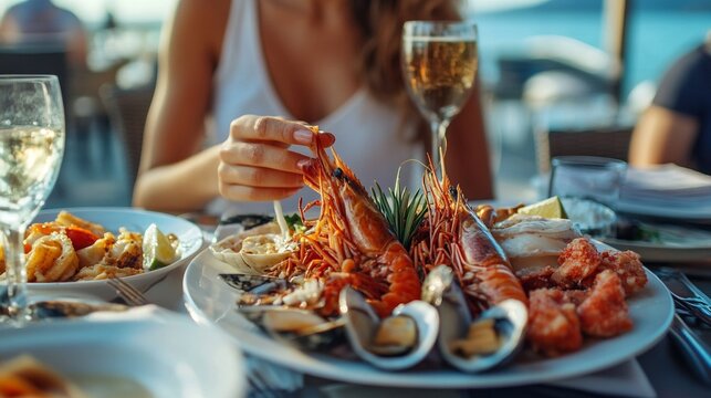 Caucasian female enjoying seafood platter and wine by the beach at sunset