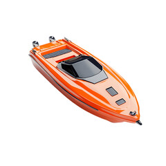 An orange toy speedboat with a black cockpit cover on a black background
