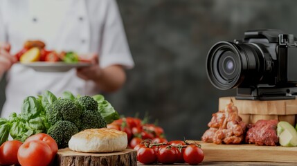 Media Interview Coverage Concept, Culinary Critic Discussing Food Trends with Ingredients and Camera in Modern Restaurant Setting