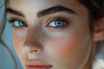 A makeup artist focuses on applying cosmetics to a model's complexion, highlighting her striking eyes and flawless skin in a vibrant studio environment Generative AI