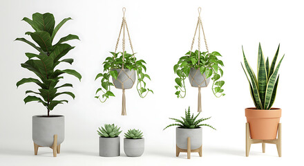 Fototapeta premium Indoor Garden Variety: An assortment of vibrant indoor plants, arranged with varying textures and colors, bring a breath of the natural world into a minimalist indoor space.