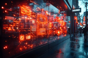 Obraz premium Futuristic holographic virtual store with glowing neon displays in a digital marketplace