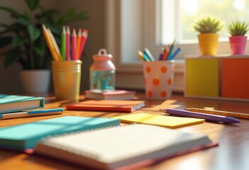 vibrant classroom supplies desk essentials bright colorful stationery learning tools education, pens, pencils, notebooks, markers, erasers, rulers, sticky