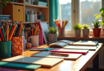 vibrant colorful stationery neatly organized bright study desk colorful writing instruments notebooks office supplies, organization, writes, supply, pen, pencil