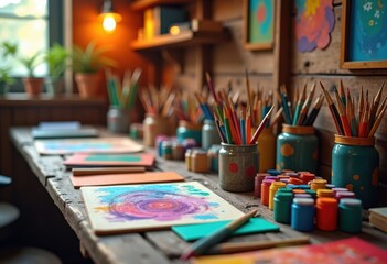 vibrant colorful stem tools arranged neatly rustic wooden workspace detailed visual art supplies, pencil, pens, paintbrush, paint, crafts, rulers, markers