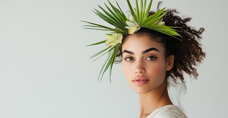 Naklejka premium A beautiful woman with palm leaves in her hair poses against a white background