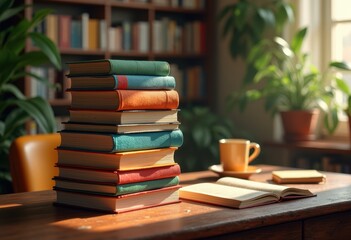 vibrant stacked colorful book collection desk displaying knowledge creativity cozy study space, workspace, bookshelf, shelves, stationery, journals
