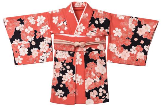 Beautiful red floral kimono with intricate blossom patterns, cut out