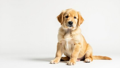 Golden Retriever puppy, sitting against stark white backdrop, playful, white background, adorable