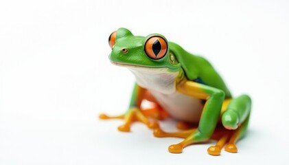 Obraz premium Green tree frog perched on white, vibrant skin details, reptile, cute
