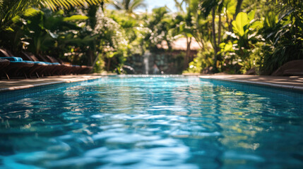 Tropical luxury resort swimming pool surrounded by lush palm trees and modern architecture, symbolizing relaxation, summer vacation, and high-end leisure experience. Banner with copy space