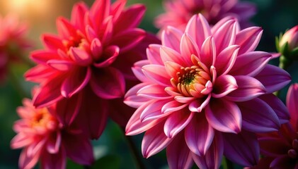 Fototapeta premium Intricate dahlia blooms, vibrant hues, close-up view, detail, background
