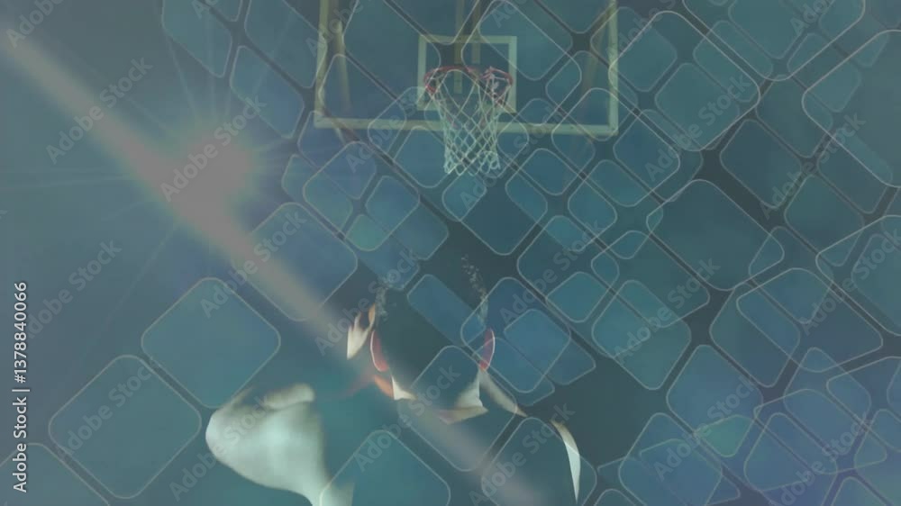 Poster preparing to shoot basketball, player with animation geometric pattern overlay