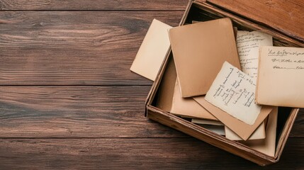Rustic wooden trunk filled with vintage books, open pages and handwritten letters scattered around