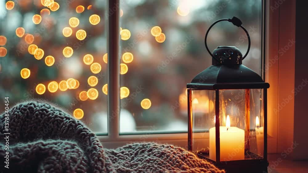 Poster cozy window with warm lantern and bokeh lights creating a serene atmosphere at dusk, cozy window wit