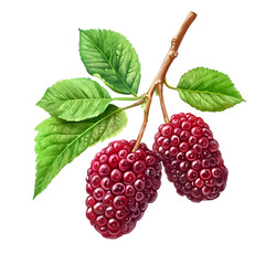 A close up of two red berries hanging from a branch with green leaves