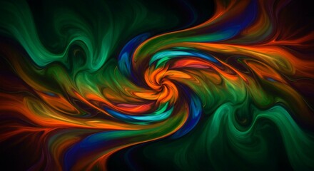 Abstract Swirling Vibrant Colors Psychedelic Fluid Art Digital Painting Green Orange Blue Hues