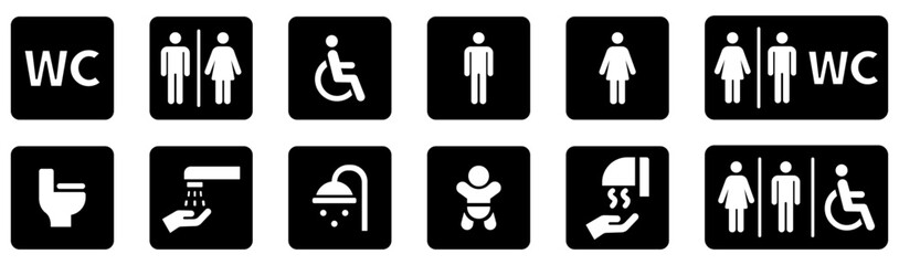 Toilet icons set, common male female restroom, handicap wheelchair access, sanitizer liquid soap, WC direction, baby changing table room, toilet signs, WC signs collection