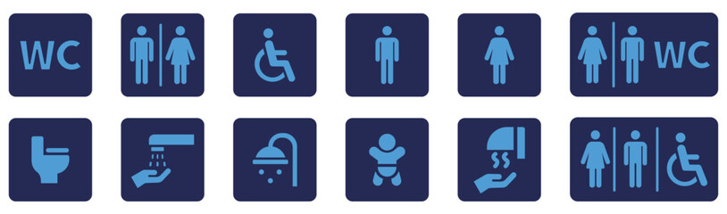 Toilet icons set, common male female restroom, handicap wheelchair access, sanitizer liquid soap, WC direction, baby changing table room, toilet signs, WC signs collection
