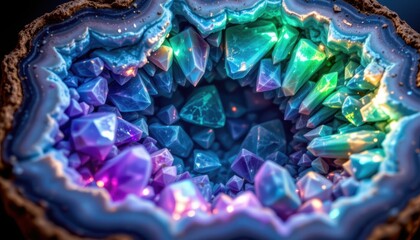 Fototapeta premium Luminous Geode Create an image of a geode with vibrant crystals emanating a soft, glowing light in shades of turquoise and purple.