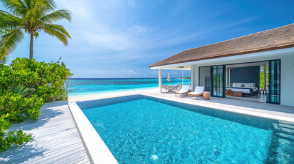 Fototapeta premium Modern white beachfront hotel with infinity pool and palm trees by turquoise sea, representing luxury seaside getaway, exclusive tropical vacation, and serene leisure. Banner with copy space