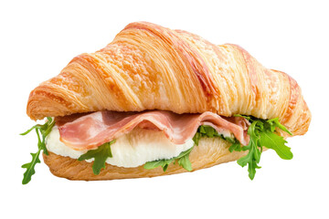 Delicious croissant sandwich with prosciutto, cheese, and arugula, cut out