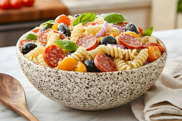Colorful Pasta Salad with Salami Cherry Tomatoes and Fresh Basil in a Speckled Bowl