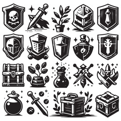 Fantasy game vector icon set, medieval UI game badge, wooden warrior shield, full gold chest, potion. Magic RPG objects kit, knight weapon, iron helmet, old papyrus, standard. Game icon collection  © Suma