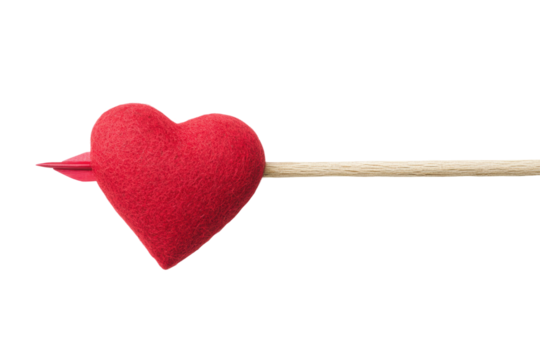 Red heart pierced by arrow symbolizing romance and love, cut out