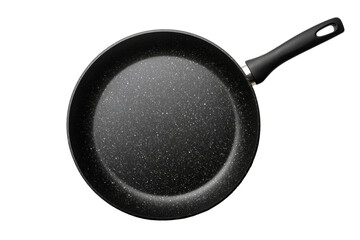 Nonstick frying pan with speckled surface and black handle on isolated background, cut out