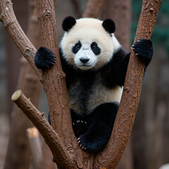Obraz premium Panda sitting playfully on a tree branch in a natural setting 