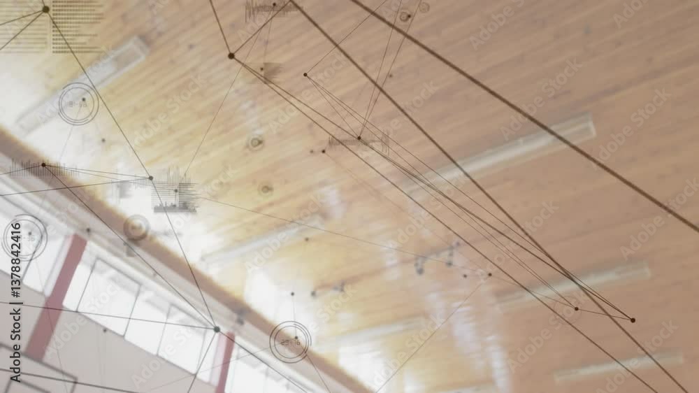 Poster basketball player shooting over network connections and data processing animation