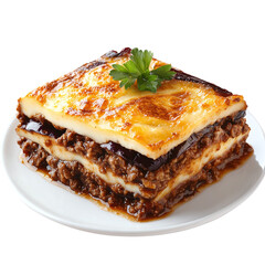 Greek-style mutton moussaka with layers of eggplant, isolated on a transparent background.