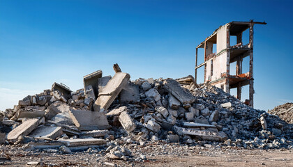 A partially demolished concrete building stands behind a large pile of rubble, broken bricks, and debris under a clear blue sky in a deserted area.