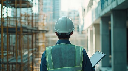 Civil Engineer Inspecting Construction Site with Clipboard, Wearing White Hard Hat and Reflective Safety Vest