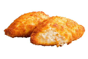 Golden crispy fried chicken cutlets with juicy interior, cut out